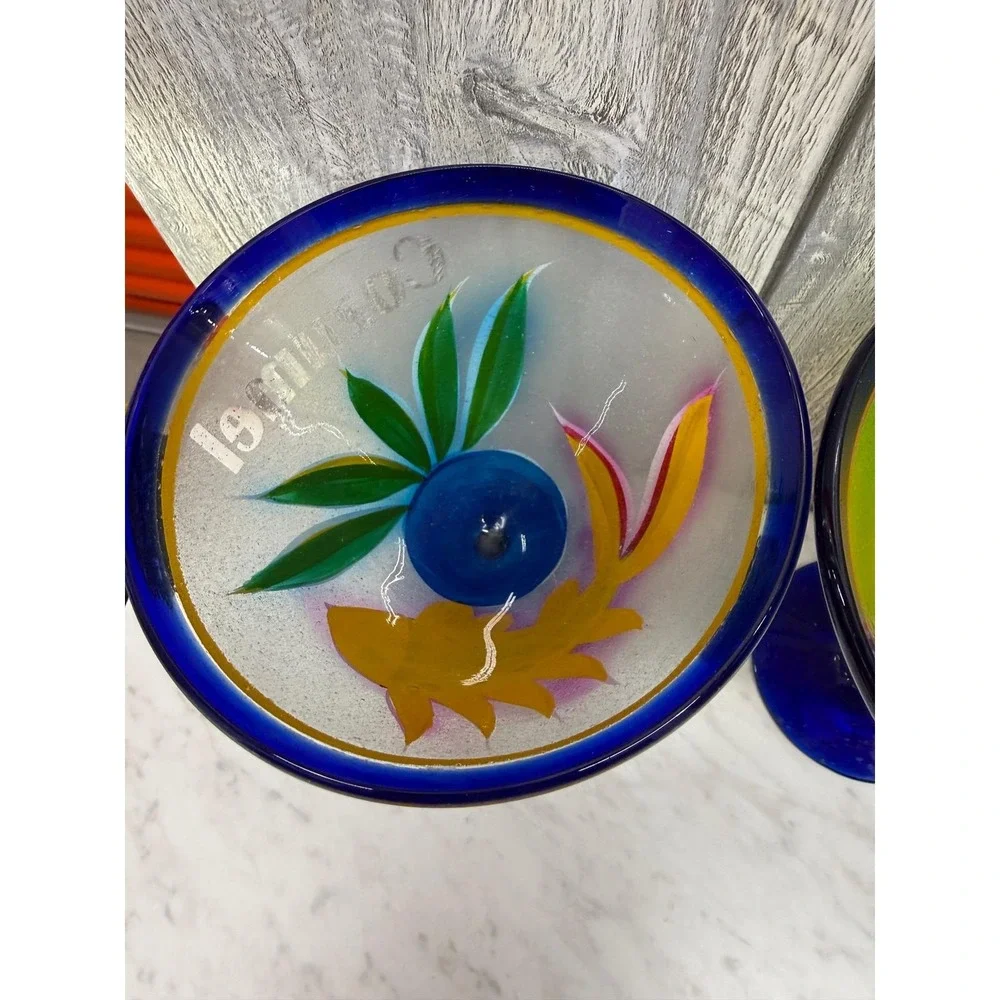 Set of 4 Hand Painted Mexican Martini Glasses Cozumel Cobalt Blue Rim 7in